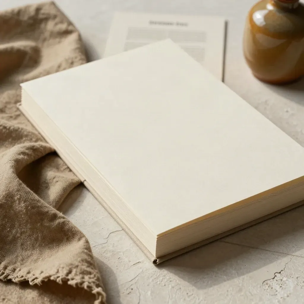 Macro folio with plaster tile, folded cloth, and ceramic vase in warm studio light.
