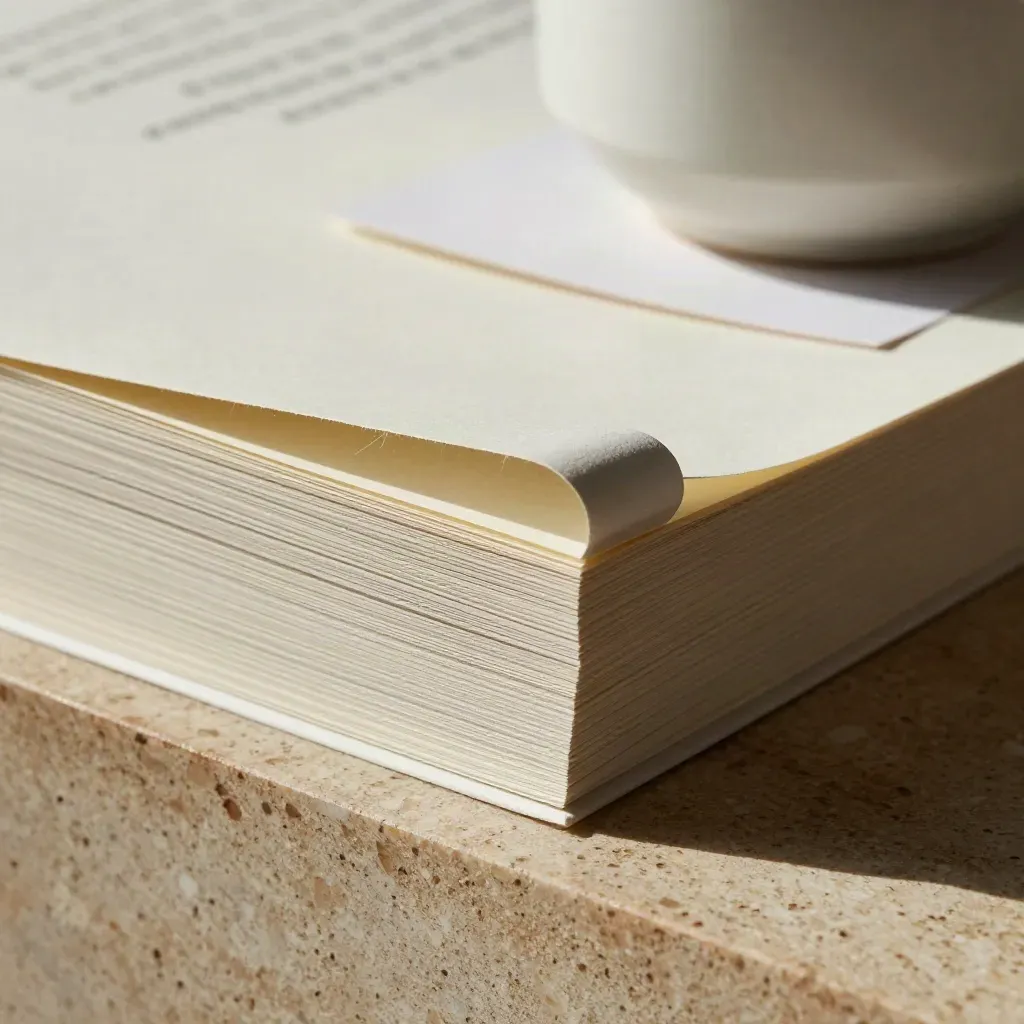 Macro of a cream copy folio with paperweight and ceramic cup on stone.