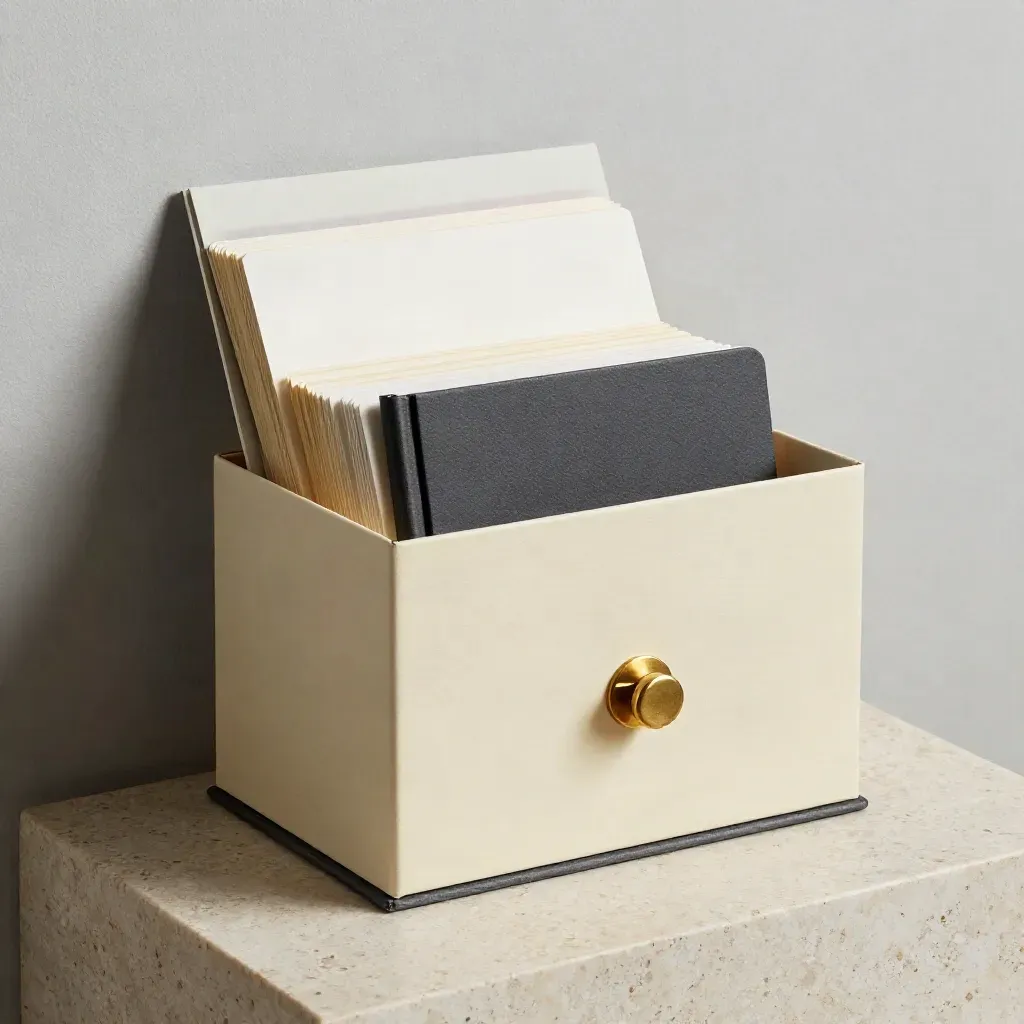 Unbranded archive box with fanned cards, notebook and brass clip on travertine